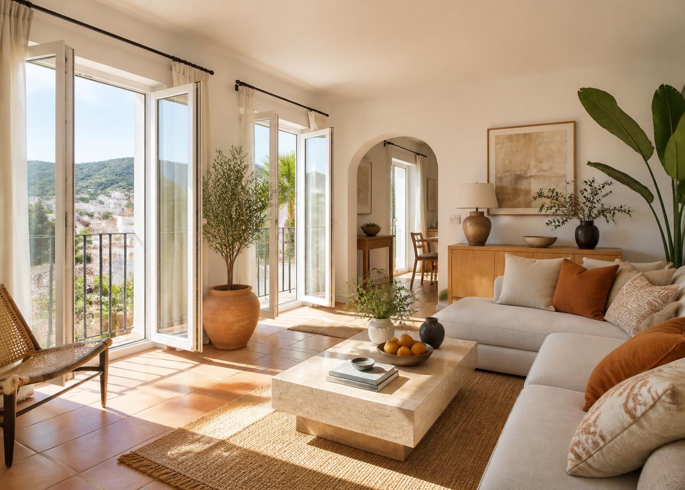 Sunlit living room of a Mediterranean holiday apartment