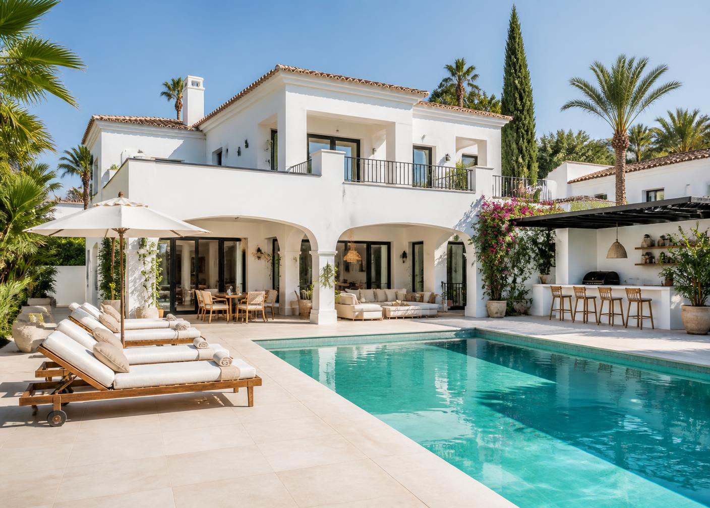 White villa exterior with a pool under a blue sky
